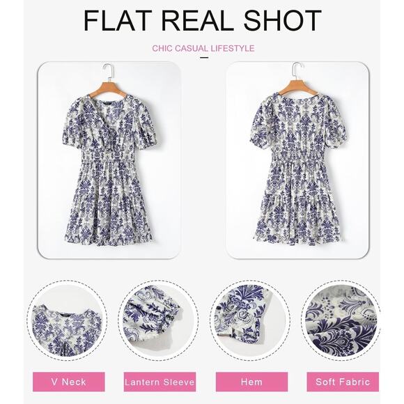 Women Lantern Sleeve Mini Dress Elastic Waist A-Line Blue Baroque Print Size L - Picture 2 of 7